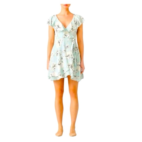 Free People French Quarter Mini Wrap Dress Mint Baby Blue Floral Ruffle L - Picture 2 of 9